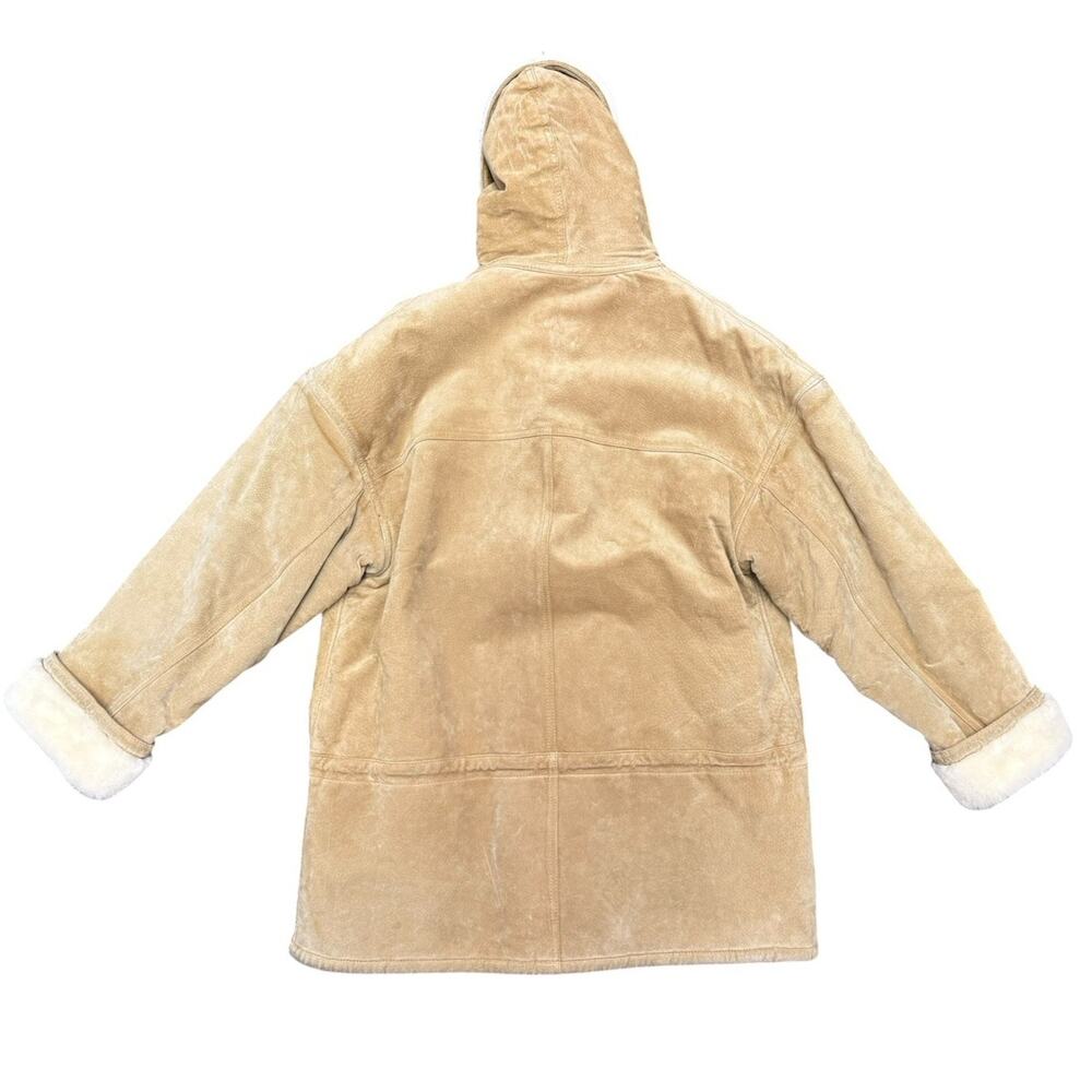 Gallery Beige Shearling Hooded Coat Faux Fur Trim Y2K Winter Jacket - Picture 7 of 10